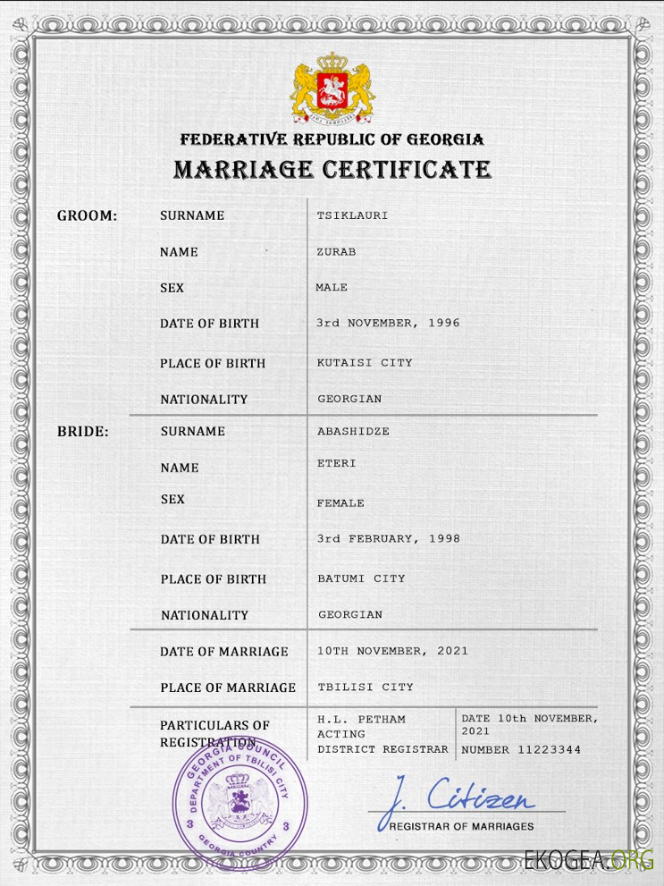 Modèle PSD de certificat de mariage de Géorgie